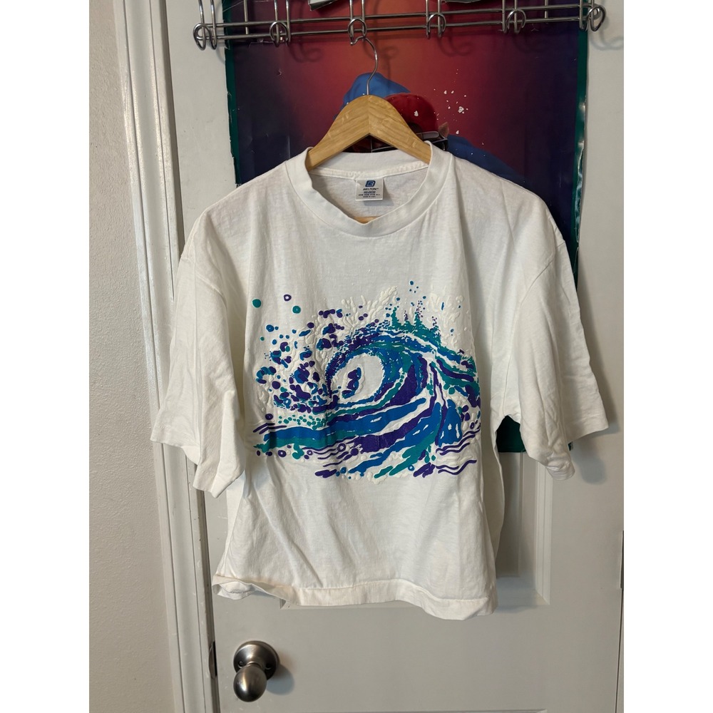 Vintage Belton Puff Print Wave Graphic Tee White Cotton Cropped Shirt 80s USA
